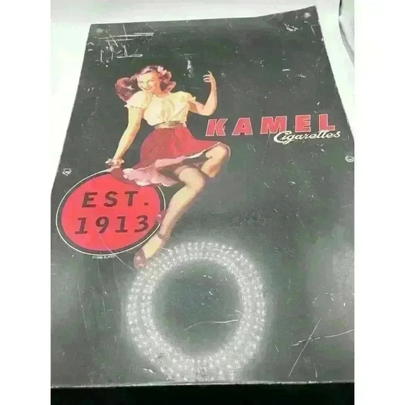 Vintage Pinup 17x11 KAMEL Cigarettes Fold over Metal Promotional Sign 1998 Black - Picture 1 of 3